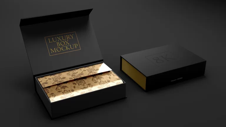 Black and gold luxury packaging box on a dark background free PSD mockup