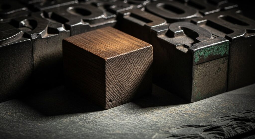 An arrangement of old letterpress blocks showing detailed wood and metal textures, illustrating the concept of tactile typography in digital design.
