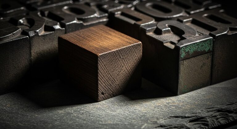 An arrangement of old letterpress blocks showing detailed wood and metal textures, illustrating the concept of tactile typography in digital design.