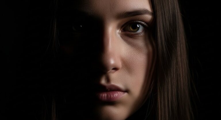 A dramatic studio portrait showing sculpted studio portrait lighting for emotional effect, with deep shadows defining the subject's face.