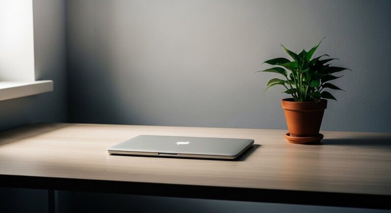 A digital creative's desk setup demonstrating sustainable design practices with a focus on minimalism and efficiency.