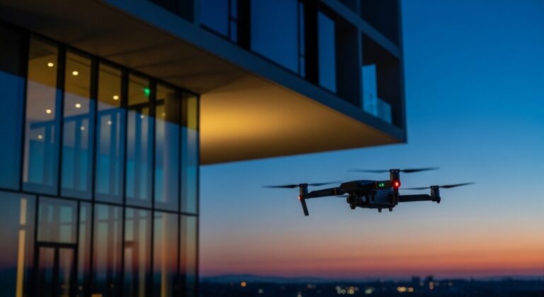 A drone hovers near a modern building, illustrating the unique perspective of drone photography for architectural storytelling.