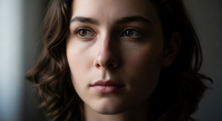A moody portrait where a subtle vignette effect in photography is used to draw focus to the subject's face.