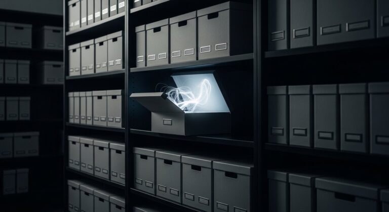 A minimalist and organized digital asset management system represented by clean archival shelves, symbolizing the process of archiving your creative legacy.