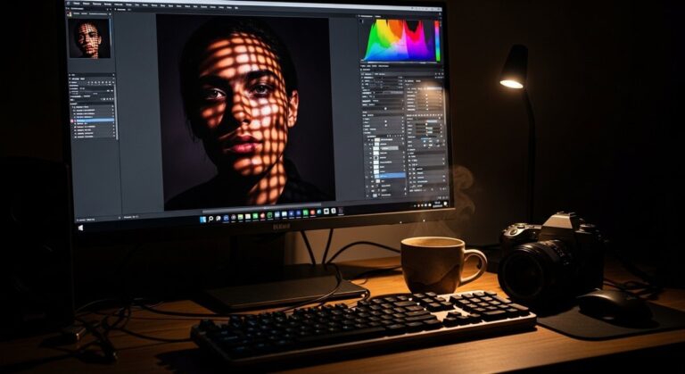A professional's desk showing a portrait being color graded in editing software, illustrating the concept of cinematic color grading.
