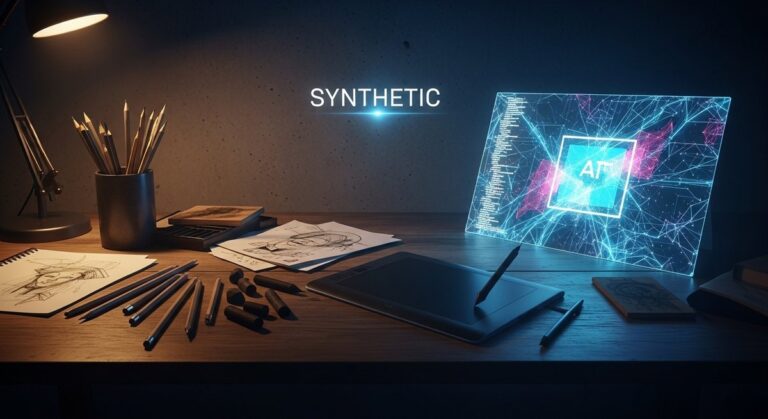 An artist's desk showing the conflict between traditional craft and AI-labeled digital creation.