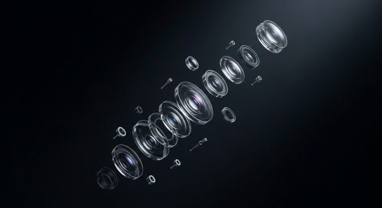 An exploded view of a complex smartphone camera lens, showing the multiple glass elements that contribute to image quality.