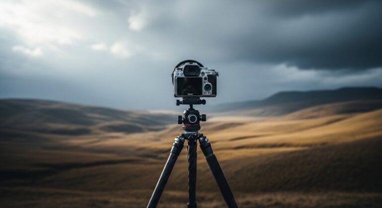 A professional camera on a tripod in a moody landscape, symbolizing the photographer's intent before the work is seen by an audience.