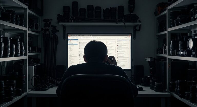 A photographer analyzing online photography forum discussions on a computer in a dark studio.