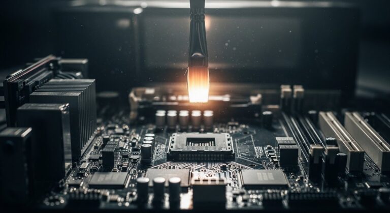 A symbolic image showing a glowing artist's paintbrush juxtaposed with a complex computer circuit board, representing the intersection of human creativity and AI.