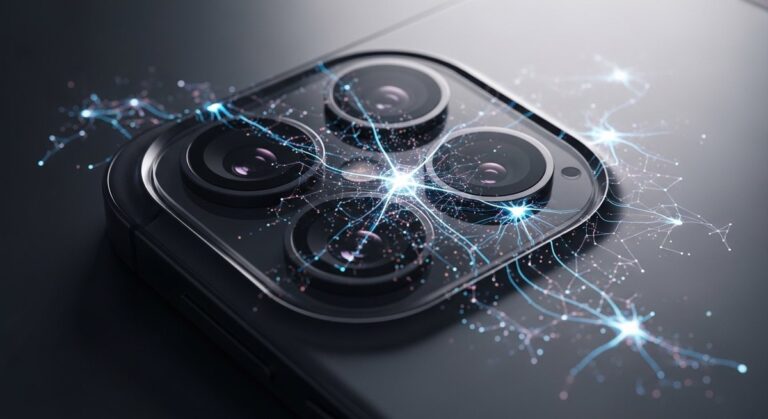 An abstract visualization of a smartphone camera lens with computational AI data streams.