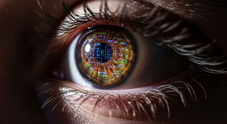 A conceptual image showing a human eye reflecting digital pixels, representing the intersection of human creativity and AI technology.