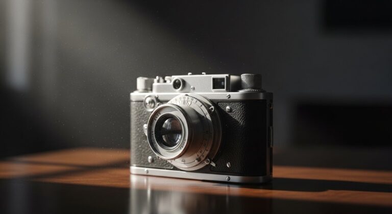 An unbranded camera on a wooden table, illustrating the concept of brand identity and soft power in photography.