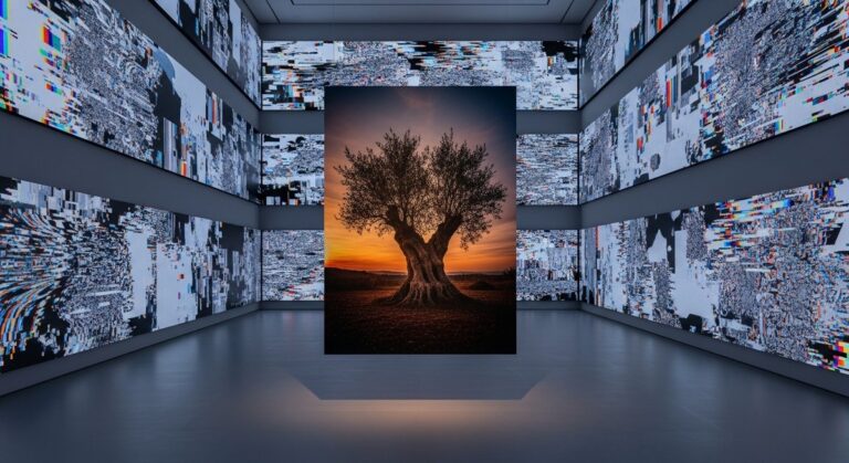 A single curated photograph standing out in a gallery overwhelmed by digital noise, representing the role of the premium creative curator.