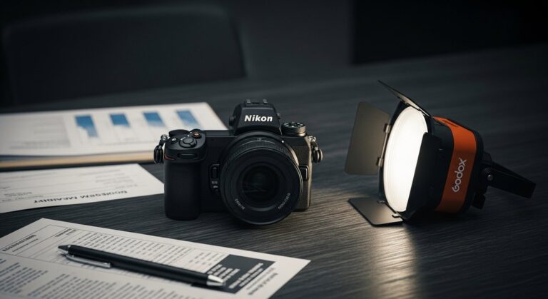 An overhead view of a professional camera and lighting gear on a desk, surrounded by business invoices, representing the cost of a photography career.