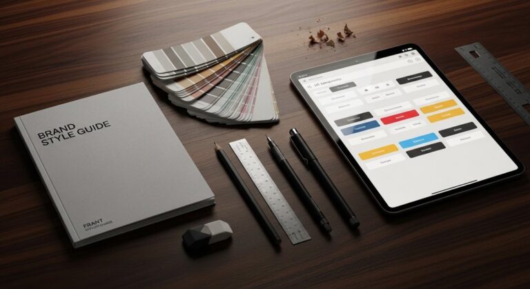 An overhead view of a creative toolkit, including a style guide and digital assets, representing how to document a creative vision.