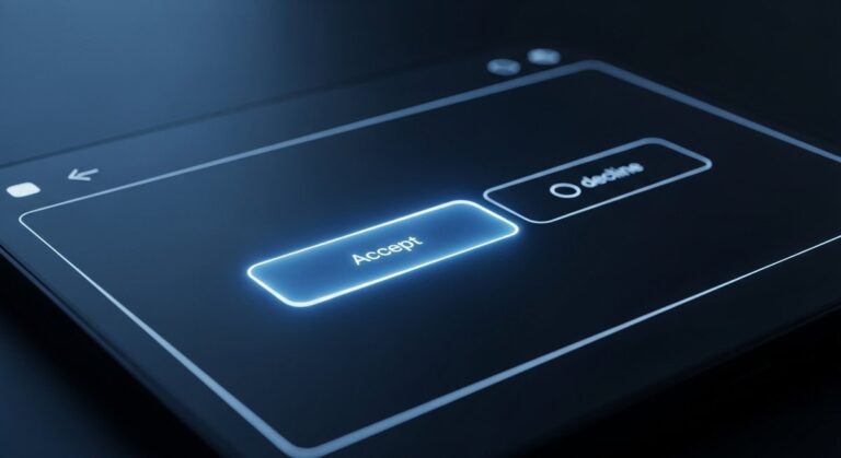 A glowing UI wireframe showing a user choice, with the default option highlighted, illustrating the concept of default bias in design.
