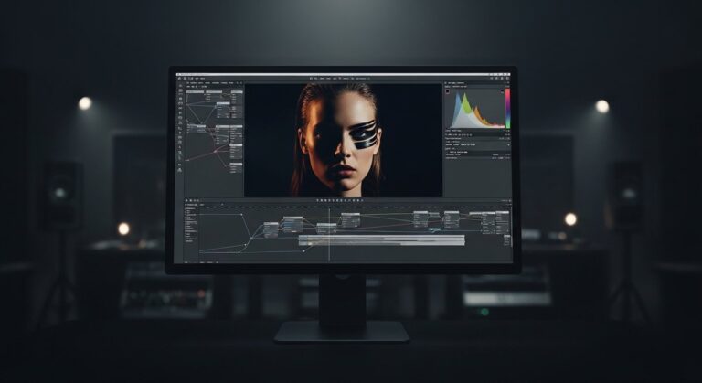 A professional creative working on a photo edit inside DaVinci Resolve 21's new Photo page in a dimly lit studio.