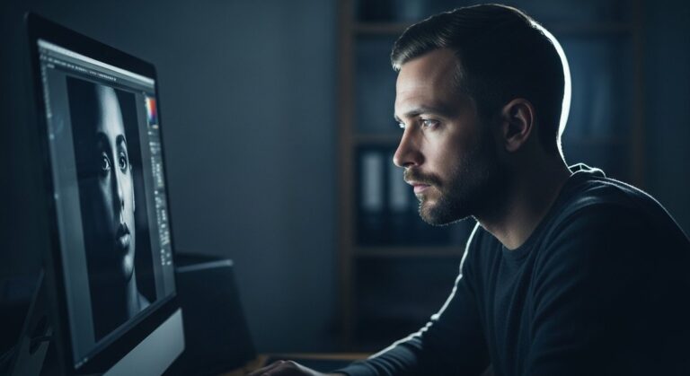 A professional photographer analyzing an image on his monitor as part of his post-processing workflow with Aftershoot and Lightroom.