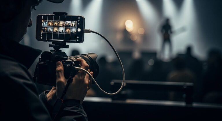 A professional photographer using the Nikon NX MobileAir app on a smartphone to transfer images from a Nikon Z camera.
