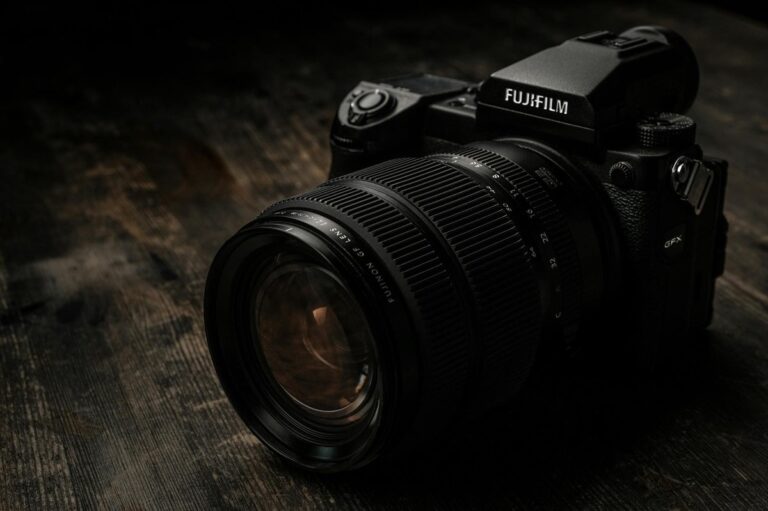 A close-up of a Fujifilm GFX medium format camera, representing the current market Sony is rumored to enter.
