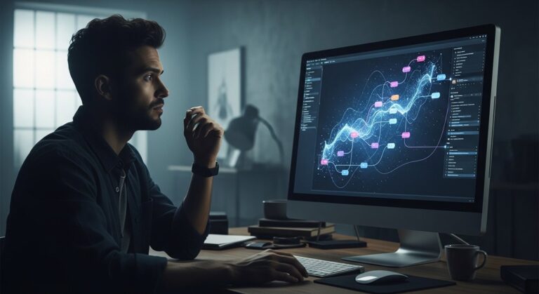 A creative professional critically evaluating a complex AI workflow on a computer in a dimly lit studio.
