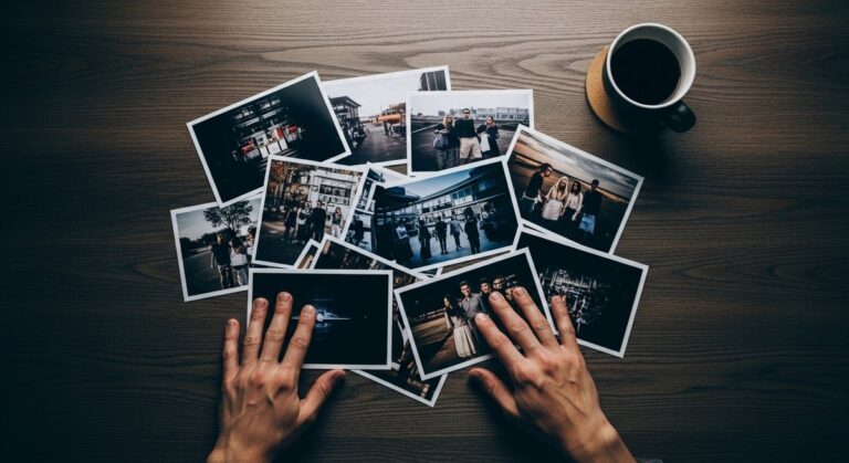 A professional creative carefully curating and arranging photo prints for a story-based project, representing the argument for human vision over AI automation.