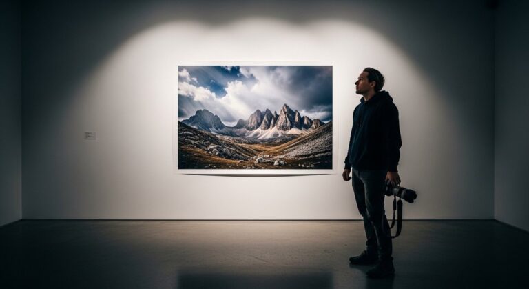 A photographer in a gallery thoughtfully examines a large, high-detail print, representing the culmination of a grant-funded project.