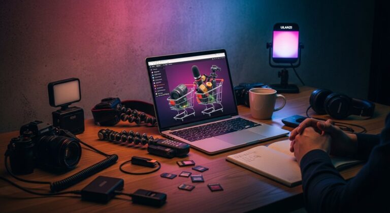 A content creator's desk with camera accessories, considering whether to buy Ulanzi gear during a sale.