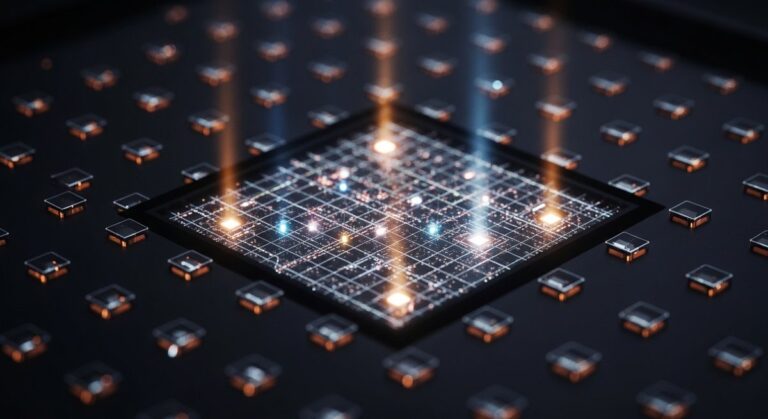 Conceptual image of a futuristic Fourier pixel, a technology that can both record and display light, showing complex light wave interference patterns on a sensor surface.