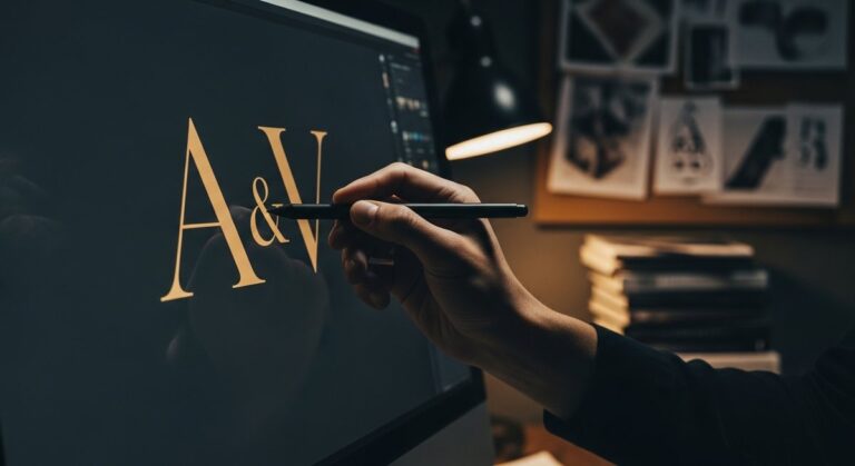 A designer carefully refining the typographic details of a font on a computer screen in a professional studio setting.