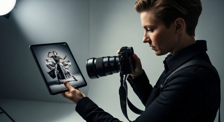 A professional photographer reviewing an image on an iPad while tethered wirelessly to a Nikon Z-mount camera in a studio setting.