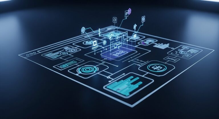 A conceptual image representing the architectural redesign of the DPReview website, shown as glowing digital blueprints.