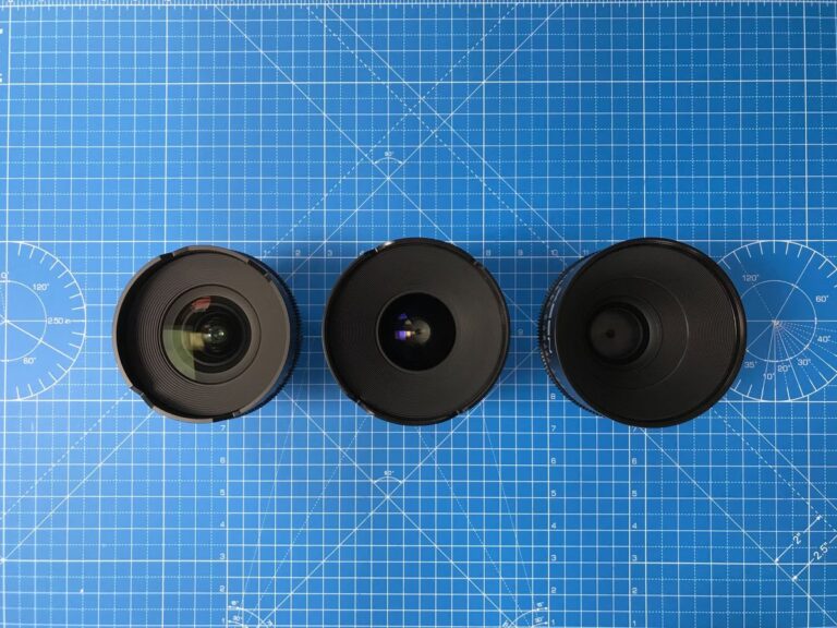 A close-up of the new Sirui Vision Prime 1 cine lenses, highlighting their metal construction and geared focus rings.